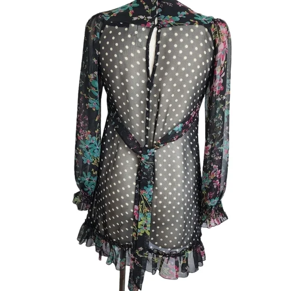 Johnny Martin Sheer Floral  Polka Dot  Print Long Sleeve Dress Size 1 - Picture 2 of 6